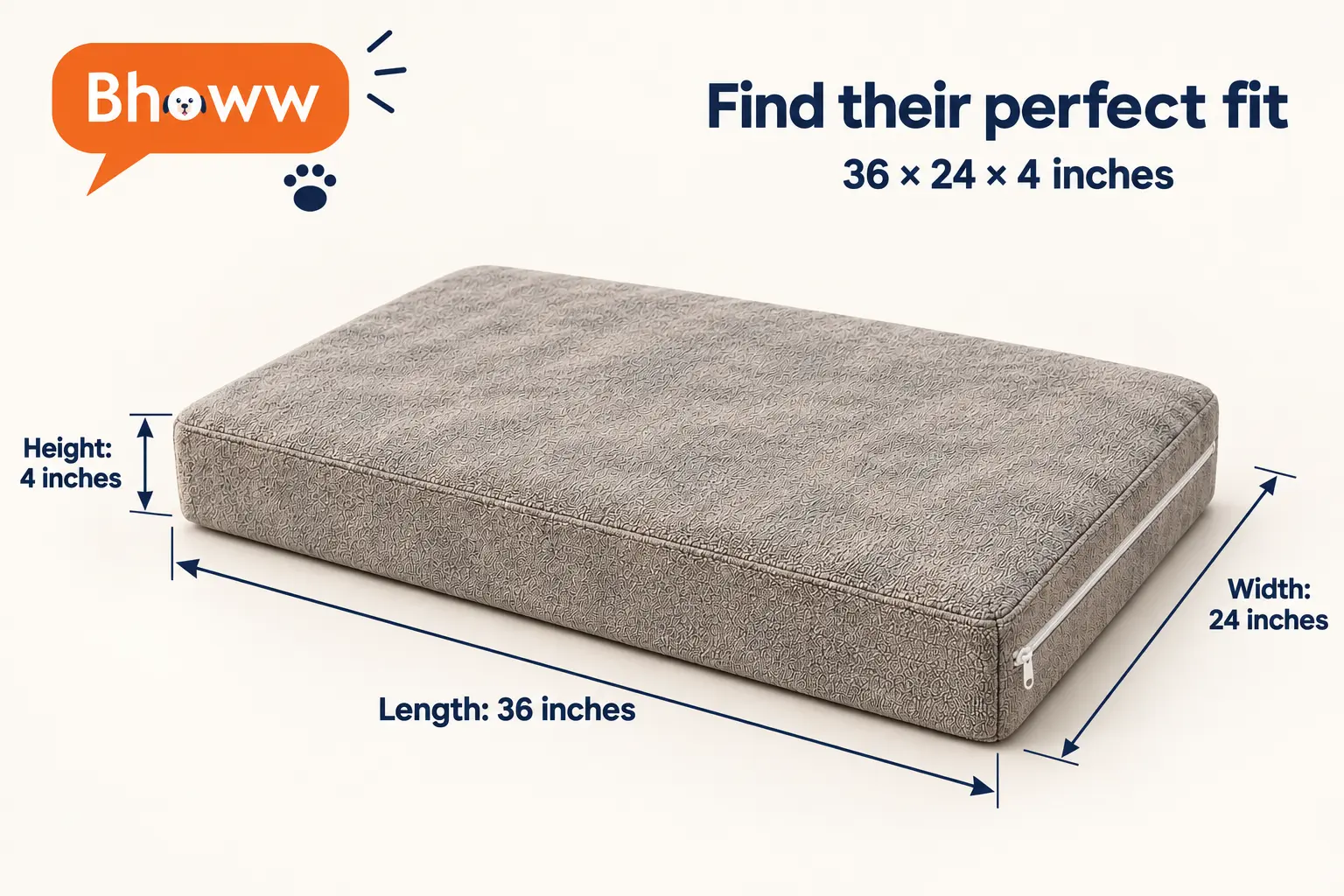 Dimension illustration of the Bhoww bed measuring 36 by 24 by 4 inches
